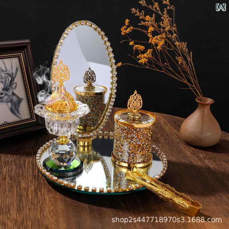 香炉 アラビア風 金色 鏡面ガラス セット 中東風 キャンドルホルダー 工芸置物 インテリア 香立て 化粧鏡型 装飾品 ギフト 2