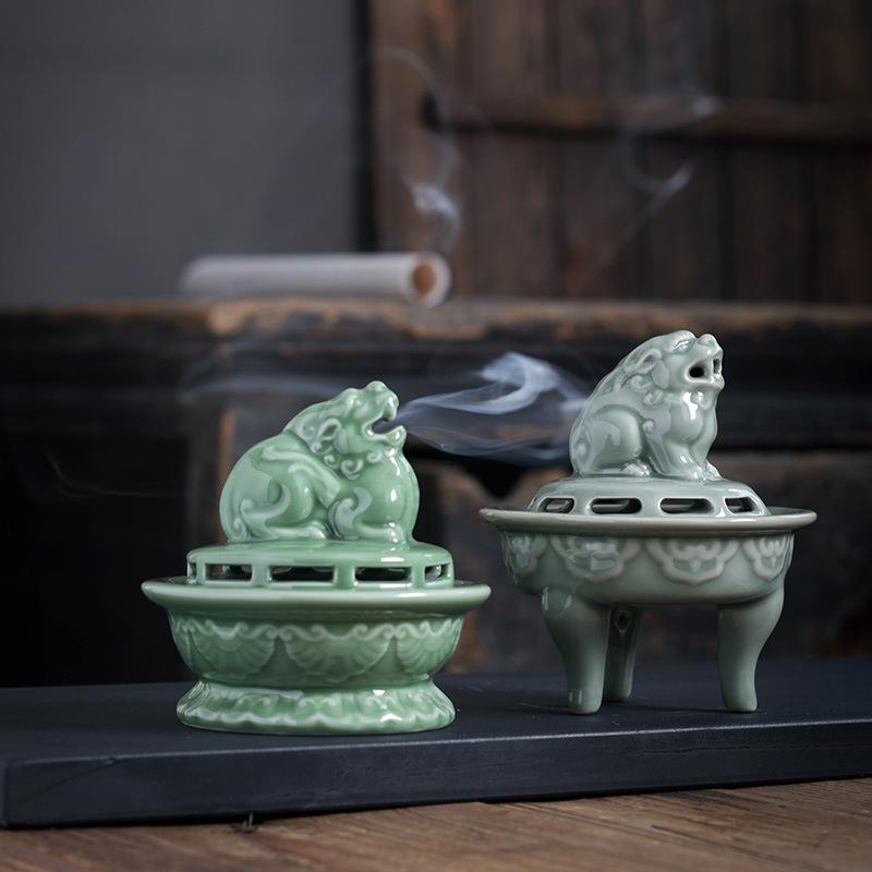 お香立て 中華風 室内用 青磁 獅子デザイン セラミック 刻印 家庭用 香道 アロマディフューザー 置物 インテリア雑貨