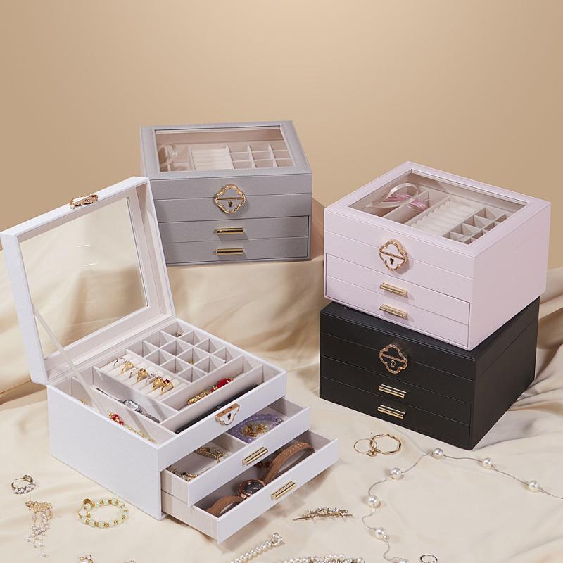 ジュエリーボックス レディース 3層引き出し式 ゴールド調 ネックレス イヤリング 収納 高級感 PUレザ..