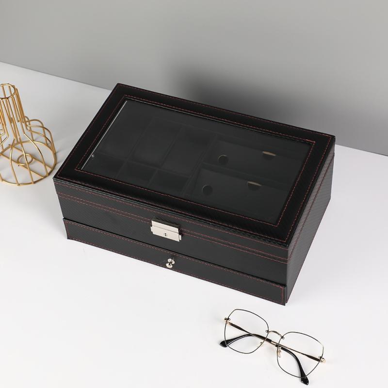 腕時計収納ボックス 合成皮革 炭素繊維 高級感 透明窓付き ディスプレイケース メガネ包装対応 収納デ..