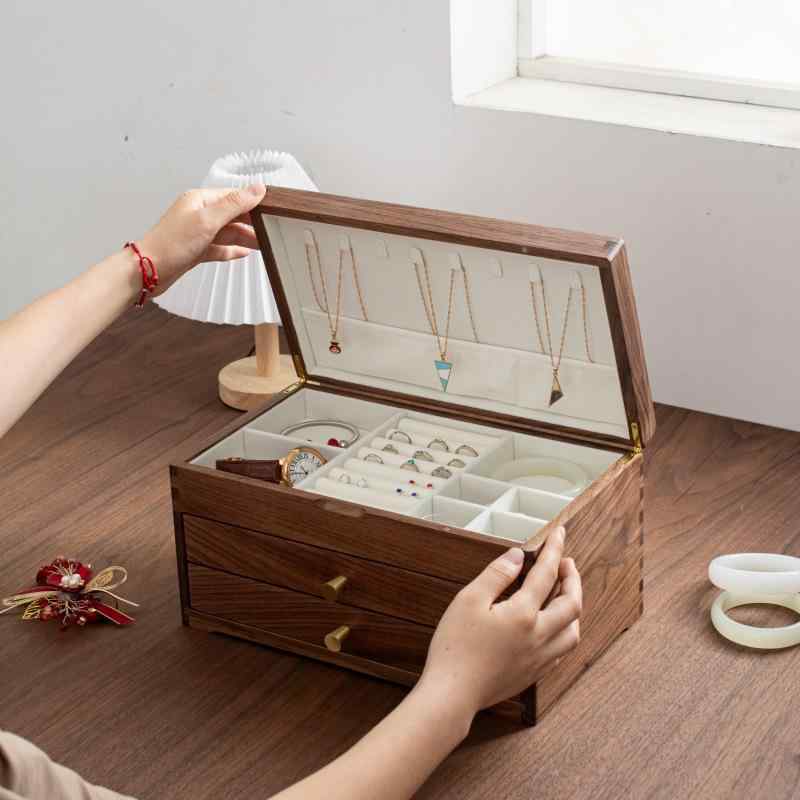 アクセサリー 収納ボックス 家庭用 ウォールナット 木製 翻蓋式 大容量 指輪 ピアス ジュエリーケース ..