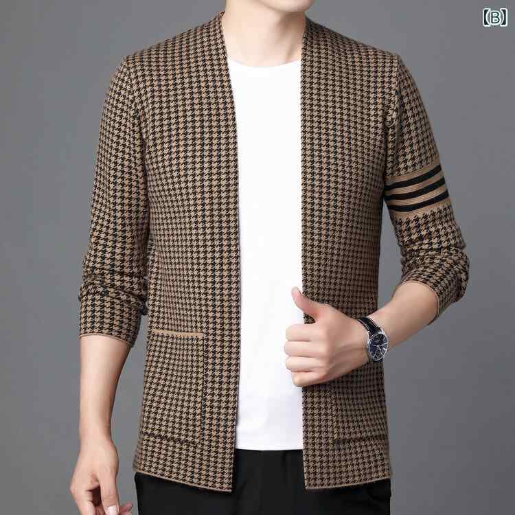 メンズ 春秋 ニットカーディガン 高級感 ハウンドトゥース柄 カジュアル 百搭 外套 中青年