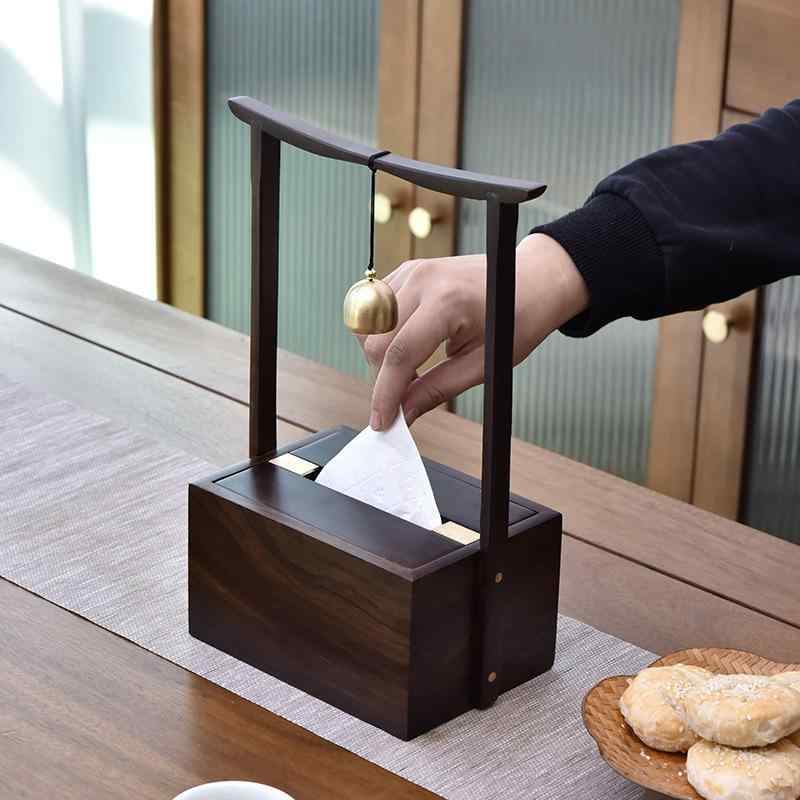 ティッシュボックス 実木 黒檀木 胡桃木 原木調 中華風 レトロ 取っ手付き 引き出し式 収納 インテリア..