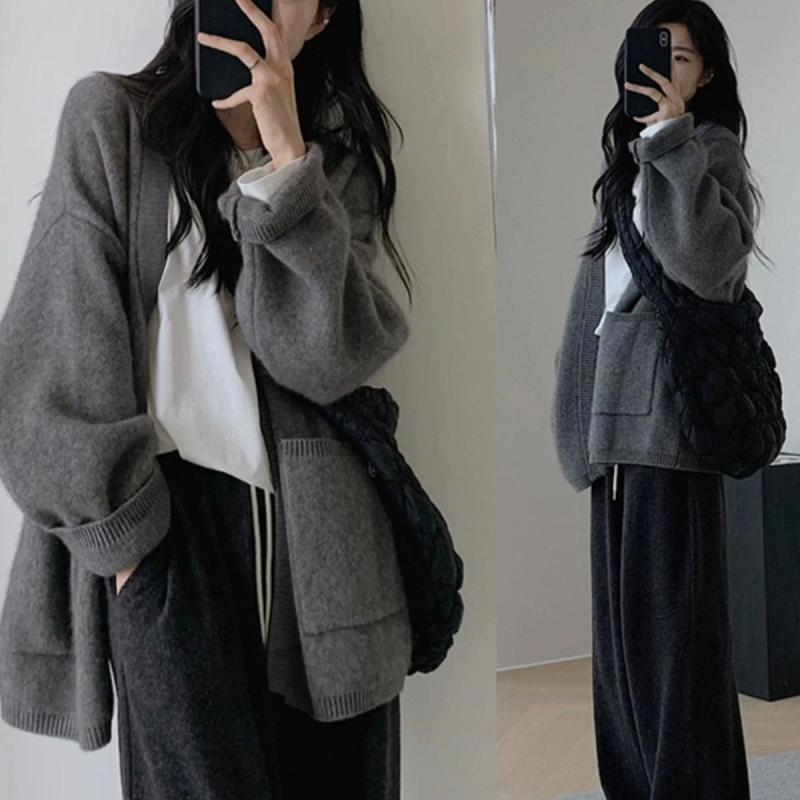 Rakuten - ニットカーディガン レディース 秋冬 グレー ウール カシミア 中長丈 ゆったり リラックススタイル セーター コート 針織 開衫 羽織り 外套 毛衣 スウェーター トップス