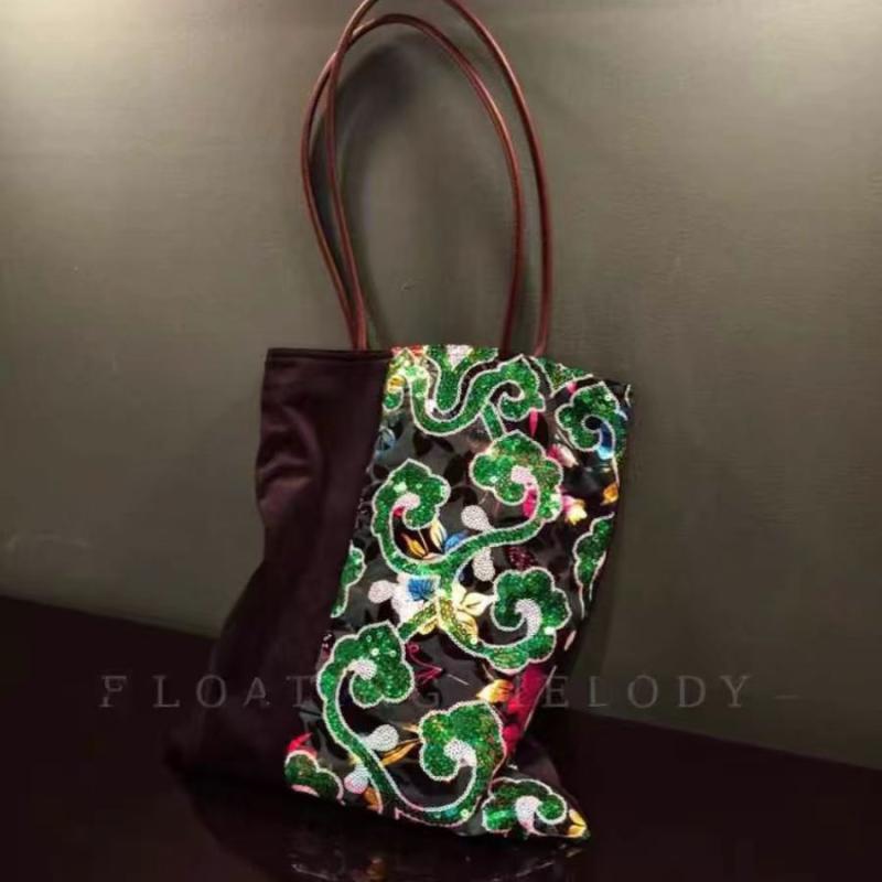 ショルダーバッグ レディース トートバッグ ヴィンテージ グリーン 祥雲柄 スパンコール ベルベット 切り替え ハンドバッグ 肩掛けバッグ 緑色 高級感 日常使い 軽量 ユニセックス