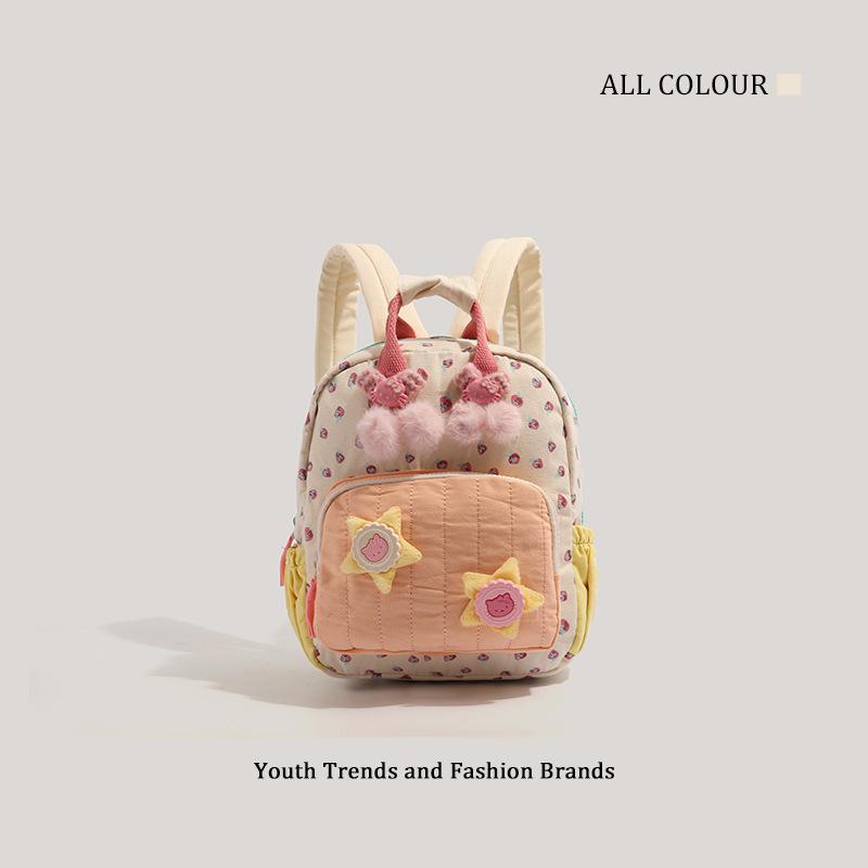 キッズ リュック キャンバス いちご プリント かわいい コントラストカラー 鮮やか デザイン 軽量 耐久性 学校 通学 バッグ 子供用 バックパック 肩掛け 両肩 ポケット付き 日常使い