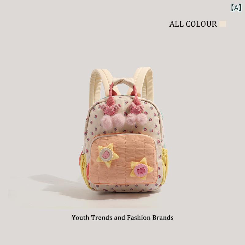 キッズ リュック キャンバス いちご プリント かわいい コントラストカラー 鮮やか デザイン 軽量 耐久性 学校 通学 バッグ 子供用 バックパック 肩掛け 両肩 ポケット付き 日常使い