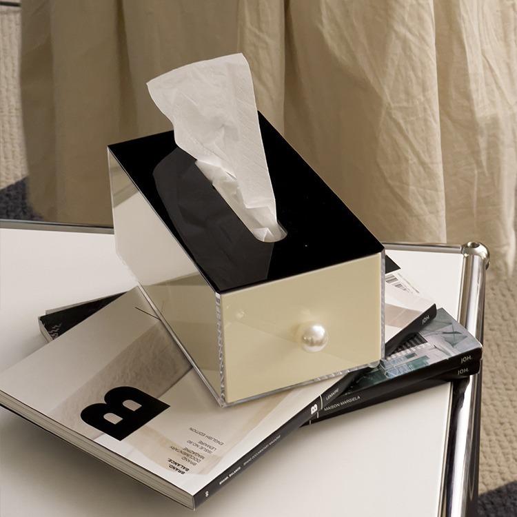 ティッシュボックス ナプキンケース 洗顔タオル収納 レトロ 高級感 パール ピアノキー柄 黒白 アクリル..