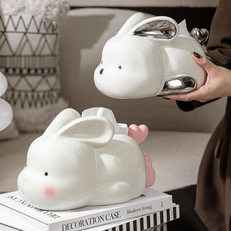 Rakuten - ティッシュボックス 家庭用 かわいい ウサギ 陶器 デスクトップ リビング ダイニング キッチン 寝室 インテリア 高級感 スタイリッシュ モダン デザイン 日用品 雑貨 卓上 ホームユース