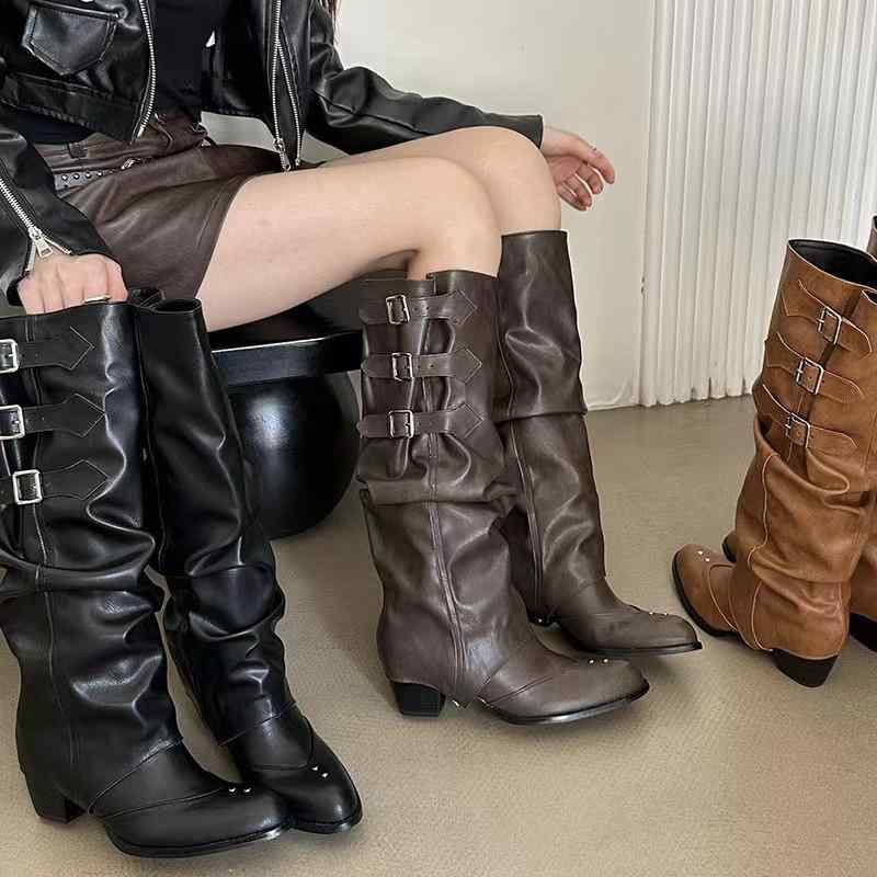 レディース ロングブーツ 本革 レトロ ウェスタン カウボーイ しわ加工 騎士靴 ポインテッドトゥ 厚底ヒール 2way 女性用 尖頭 粗底 復古風