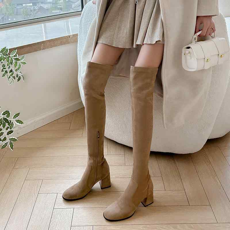 秋冬 レディース ロングブーツ 太ヒール 伸縮性 スリム ラウンドトゥ 膝上 ハイヒール 万能 上品
