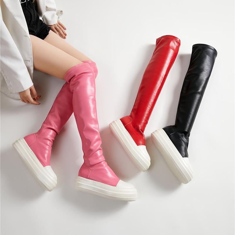 Women'S Shoes - レディース オーバーニーブーツ 厚底 弾力 大きめサイズ キャンディカラー シンプル 個性的 ストリートファッション インフルエンサー 合わせやすい 伸縮性 歩きやすい ファッションシューズ ロングブーツ 膝上 女性用 弾性素材 カラフル デザイナーズ風