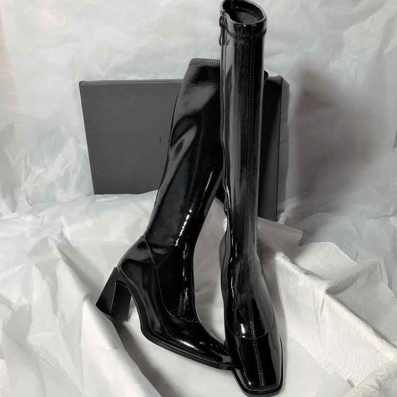 ブーツ レディース 秋冬 ハイヒール ロング 太ヒール 光沢レザー ライダースタイル 膝下 ミッドカット スリム 吸湿速乾 接触冷感 高級感