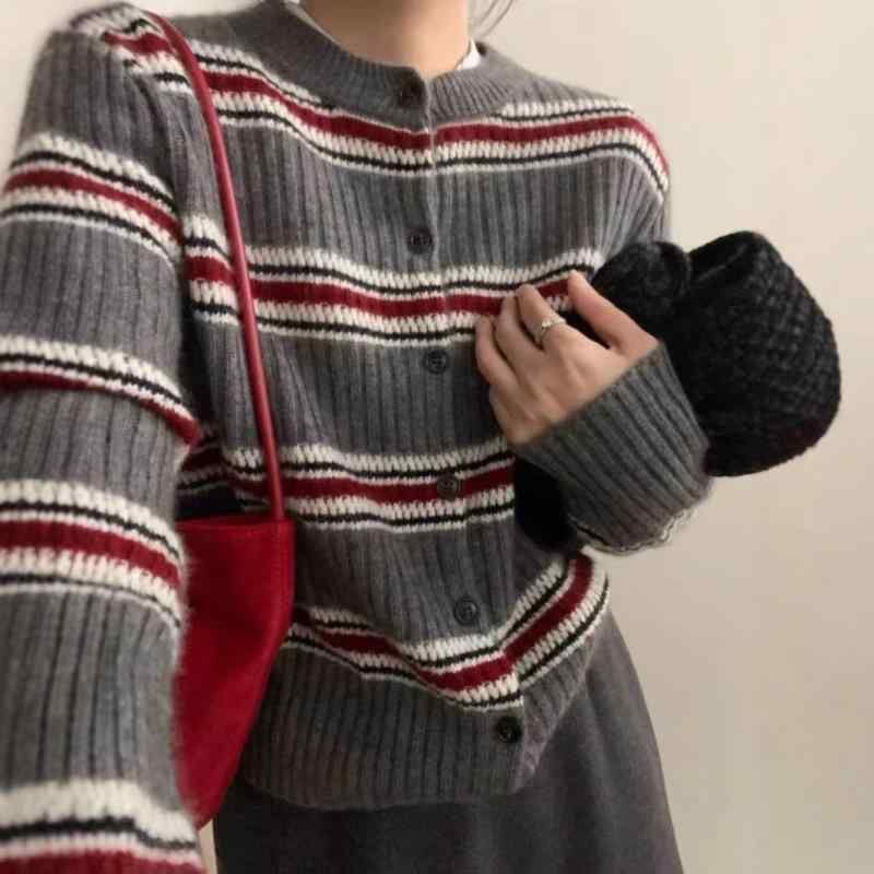 カーディガン レディース 秋冬 ニット 長袖 ストライプ柄 コントラストカラー 丸首 ゆったり オーバーサイズ ベーシック デザイン セーター トップス ユニーク 個性派