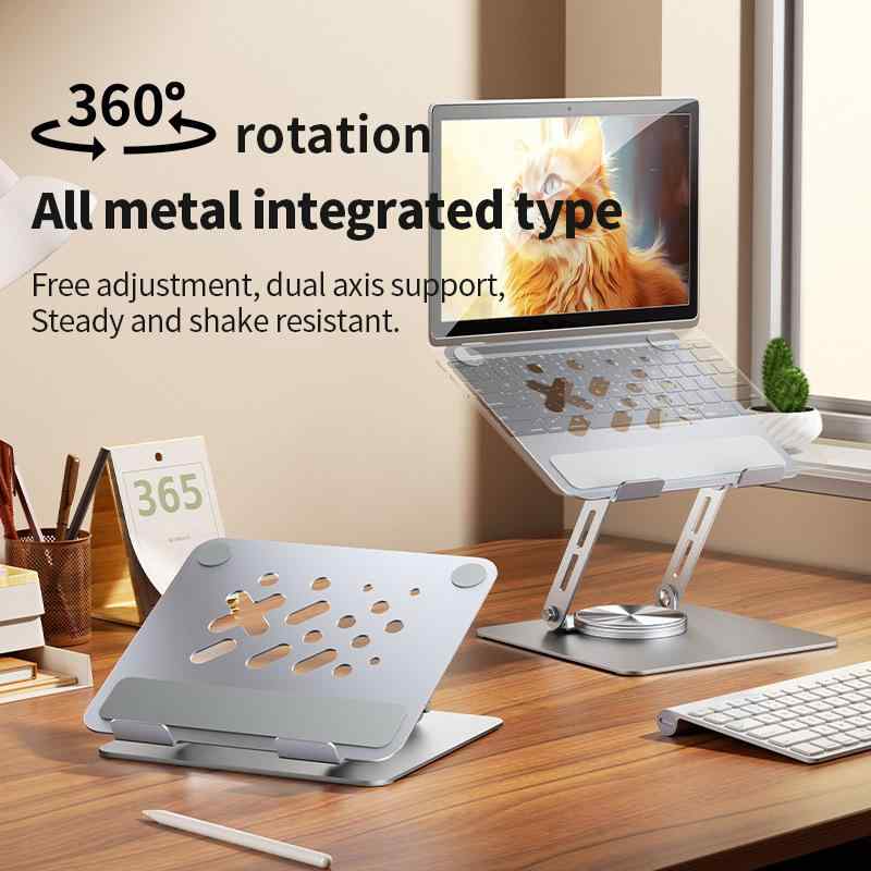 廁所腳踏墊 - ノートPCスタンド アルミ合金 360度回転 散熱 増高 タブレット対応 角度調整 軽量 折りたたみ 持ち運び デスク 作業効率 姿勢改善 通勤 通学 汎用 男女兼用