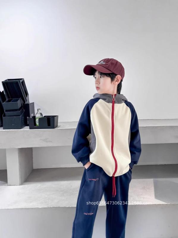 Rakuten - キッズ 男女兼用 春秋 薄手フリース フード付き ジャケット パンツ 2ピースセット ミックスカラー コーディネートしやすい 吸湿速乾 軽量 再生繊維