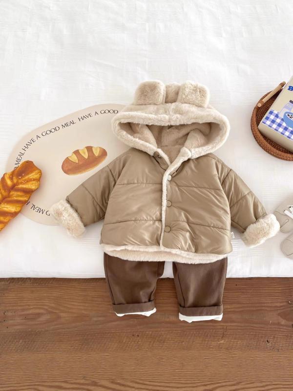 秋冬 キッズ ユニセックス フード付き パーカー 厚手 無地 暖か カジュアル ベア モチーフ トレンド コ..