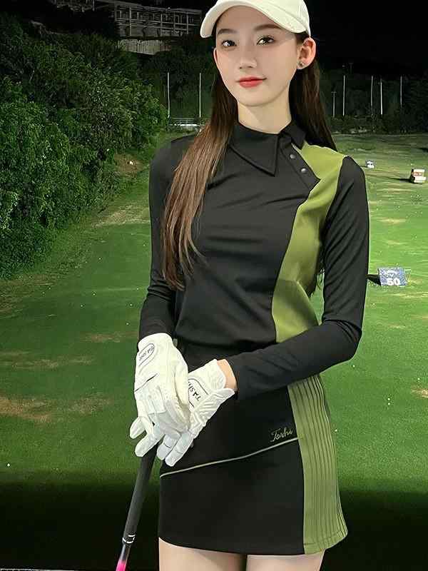 ゴルフウェア レディース 秋冬 高級感 吸湿速乾 長袖 ストレッチ Tシャツ ボディフィット ヒップハグ ショートスカートパンツ セット スポーツ アウトドア