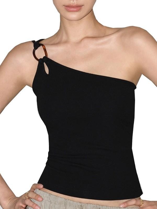 レディース ヨガウェア 片肩 デザイン ホロー リングバックル 装飾 伸縮性 素材 快適 フィットネス ラ..