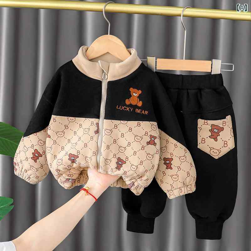 男児 秋冬 かわいい カートゥーン柄 加厚 暖か フリース 2点 セット トップス パンツ 組み合わせ 通学 遊び着 室内着 快適 軽量 吸湿速乾 再生繊維 素材 日常使い