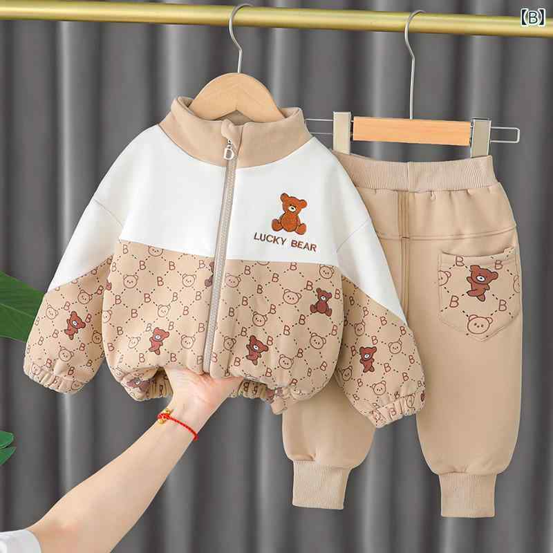 男児 秋冬 かわいい カートゥーン柄 加厚 暖か フリース 2点 セット トップス パンツ 組み合わせ 通学 遊び着 室内着 快適 軽量 吸湿速乾 再生繊維 素材 日常使い