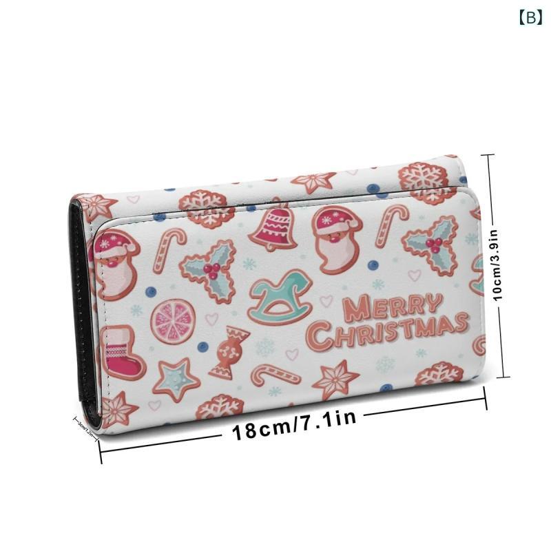財布 レディース クリスマス柄 折りたたみ 革製 手持ちバッグ プリント柄 カードケース コンパクト 日常使い 女性向け 小銭入れ 多機能 3