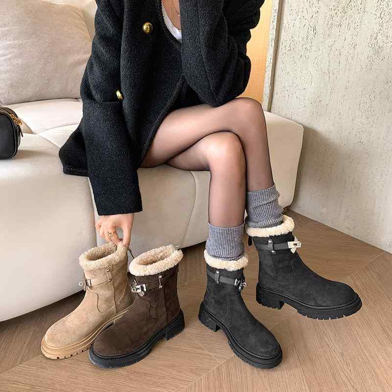 秋冬 レディース 厚底スノーブーツ 羊毛 牛革 ローカット 太めミドルヒール 三色展開 ロックバック フ..