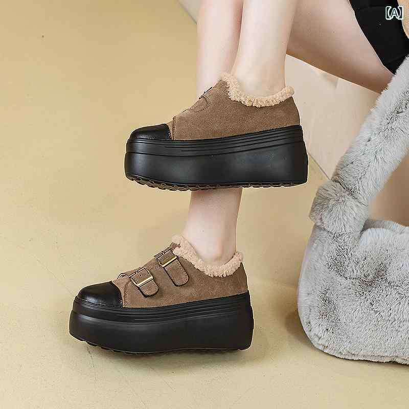 レディース 秋冬 厚底シューズ ファー付き ベルクロ プラットフォーム カジュアル 単色 韓国風 日常使い 暖か トレンド 軽量 吸湿速乾