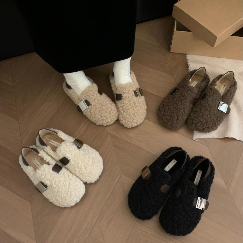 秋冬 レディース ローファーシューズ 暖か 羊毛 フリース フラットヒール ベルトバックル フェミニン ..