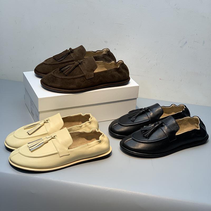 レディース ローファーシューズ ミュールシューズ 全真皮 羊皮 フリンジ付き レトロ 快適 フラット底 ..