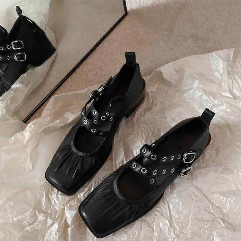 メアリージェーンシューズ レディース 羊皮革 フランス風 レトロ スクエアトゥ チャンキーヒール ダー..