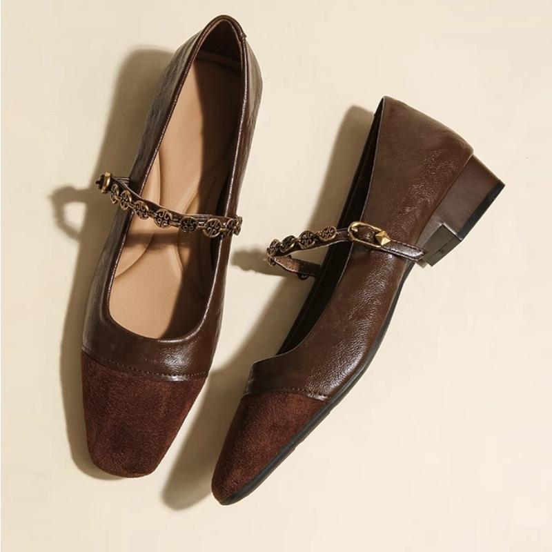 メアリージェーンシューズ レディース スクエアトゥ 金属チェーン 切り替え 一文字ストラップ 厚底ヒー..