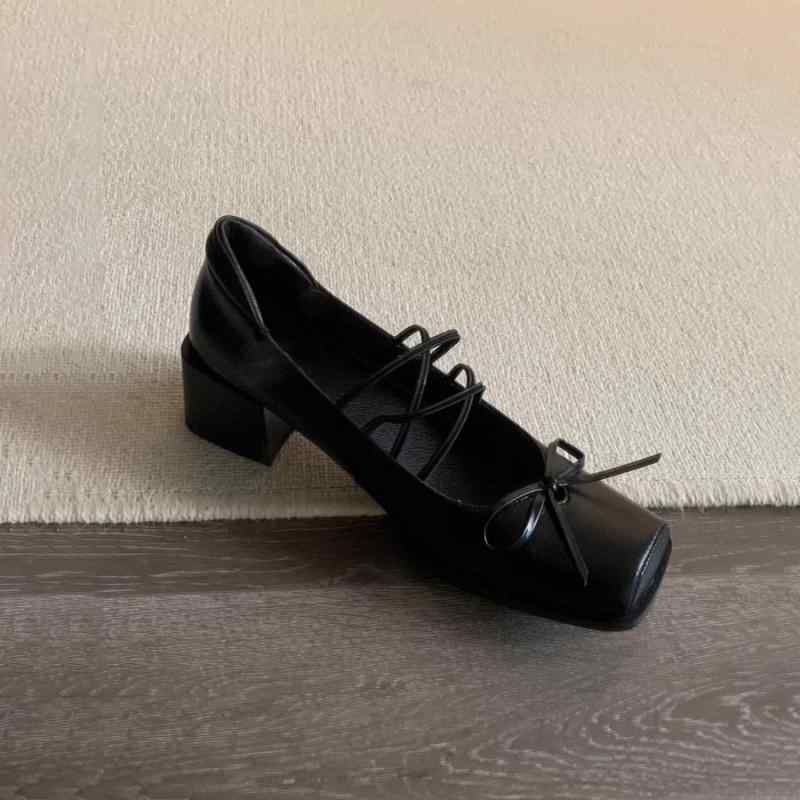 レディース メアリージェーンシューズ バレエシューズ スクエアトゥ リボン クロスストラップ 厚底ヒール 通勤 ローカット スエード風 ..