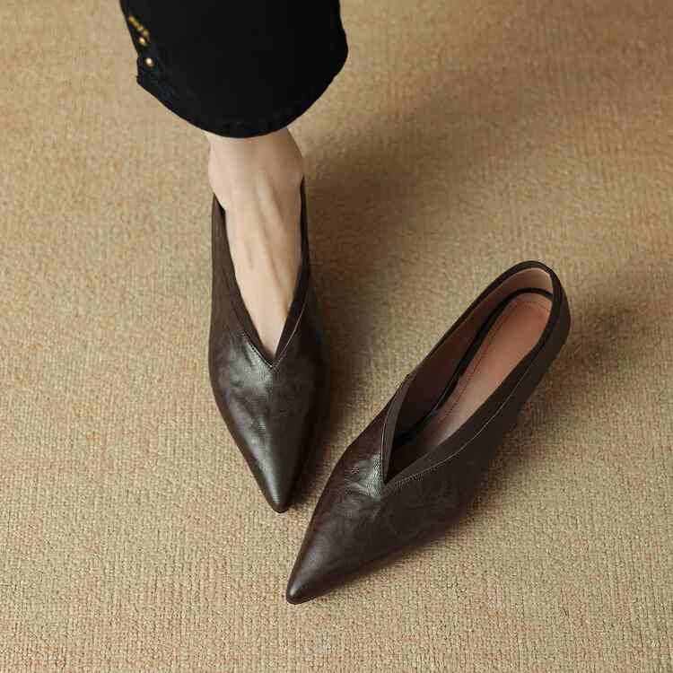 レディース パンプス 羊革 細ヒール 尖頭 Vカット 韓国風 復古 低ヒール 猫ヒールシューズ 柔らか素材 全皮 内側外側レザー 快適 履きやすい 女性用 靴 シューズ