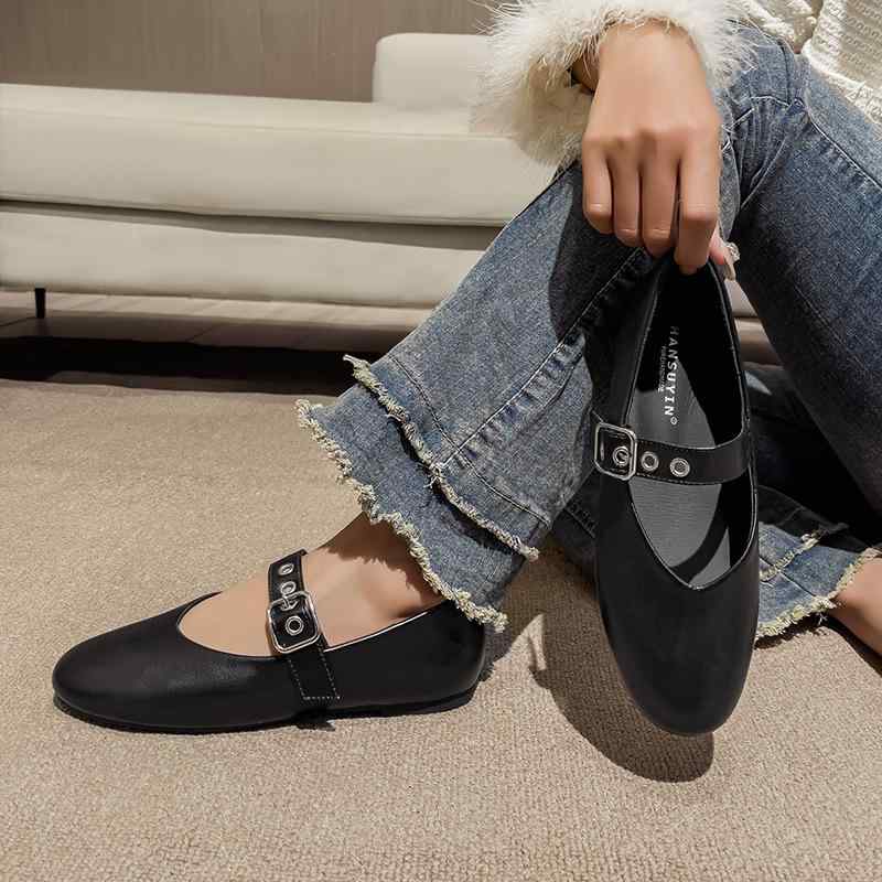 レディース メアリージェーンシューズ 法式 レトロ 羊革 快適 ブラック フラットシューズ シングルシュ..