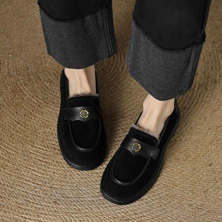 レディース ローファー 本革 ラウンドトゥ 厚底シューズ 秋冬 レトロ ラムウール 裏地付き カメリア フラワー モチーフ 暖か 履き心地