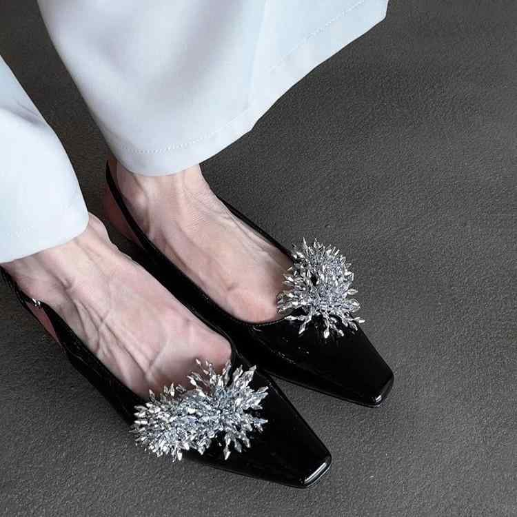 サンダル レディース ブラック スクエアトゥ ローカット バックストラップ トゥカバー 羊皮革 フレンチ..