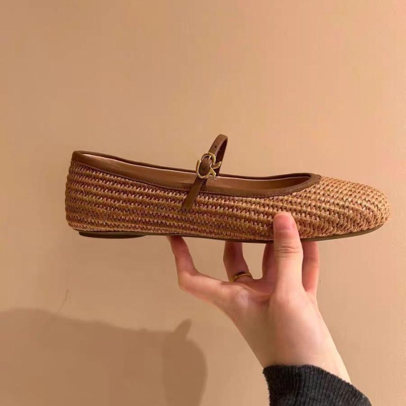 メアリージェーンシューズ レディース 春夏 草編み ストラップ フラットシューズ ソフトボトム 小众風 文艺スタイル 軽量 快適 通勤 通学 アウトドア
