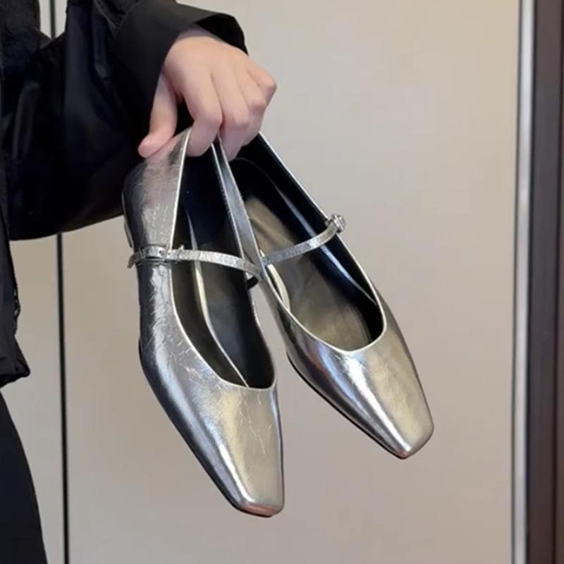 メアリージェーンシューズ レディース フラット 本革 シルバー レトロ 一文字ストラップ ローカット イブニング パンプス フォーマル シューズ 女性用 ドレス 靴 ビンテージ 銀色 ラムレザー デザイン