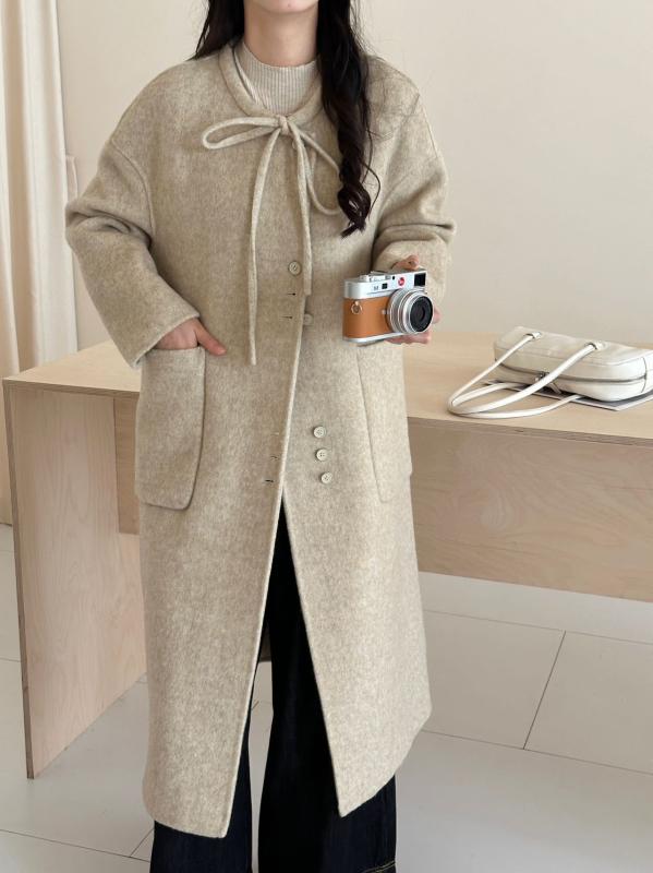 レディース 秋冬 ロングコート ダブルフェイス 羊毛素材 丸首デザイン 大ポケット 蝶結び ウールアウター 暖かみ スタイリッシュ 日常..