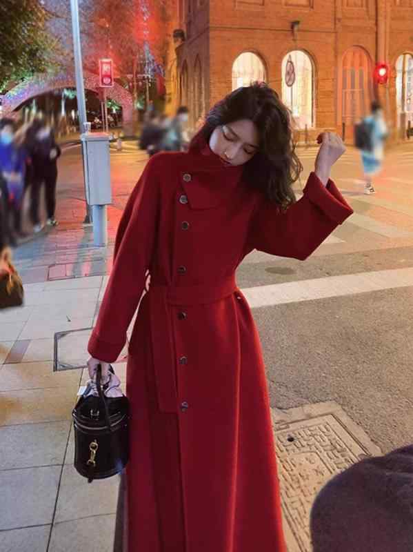 レディース 秋冬 結婚式 礼服 コート 新婦 敬酒服 婚約 回門 高級感 ダブルフェイス 羊毛 ウール 赤 ロング丈 フォーマル ブライダル ウェディング 乾杯服 訂婚式 パーティー 礼装 ねずみ裏地 暖か スタイリッシュ