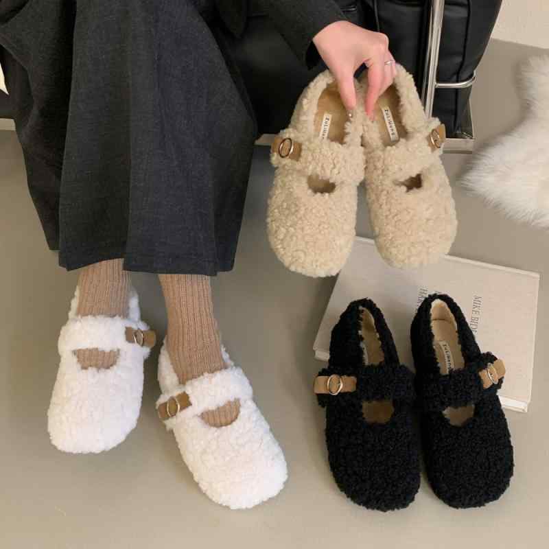 ブーツ レディース 妊婦用 秋冬 保暖 フラット ラウンドトゥ 一文字ストラップ ラムウール コットン フ..