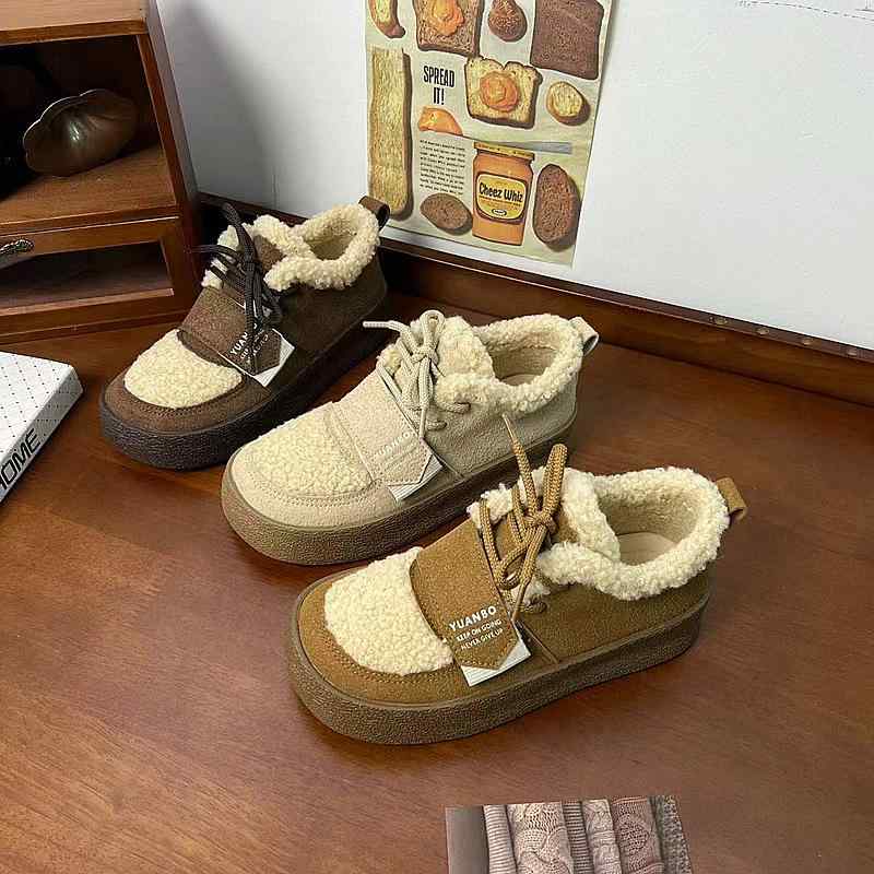 スニーカー レディース 秋冬 レトロ ミルクコーヒー色 キャンバスシューズ 暖か 厚底 スエード カジュ..