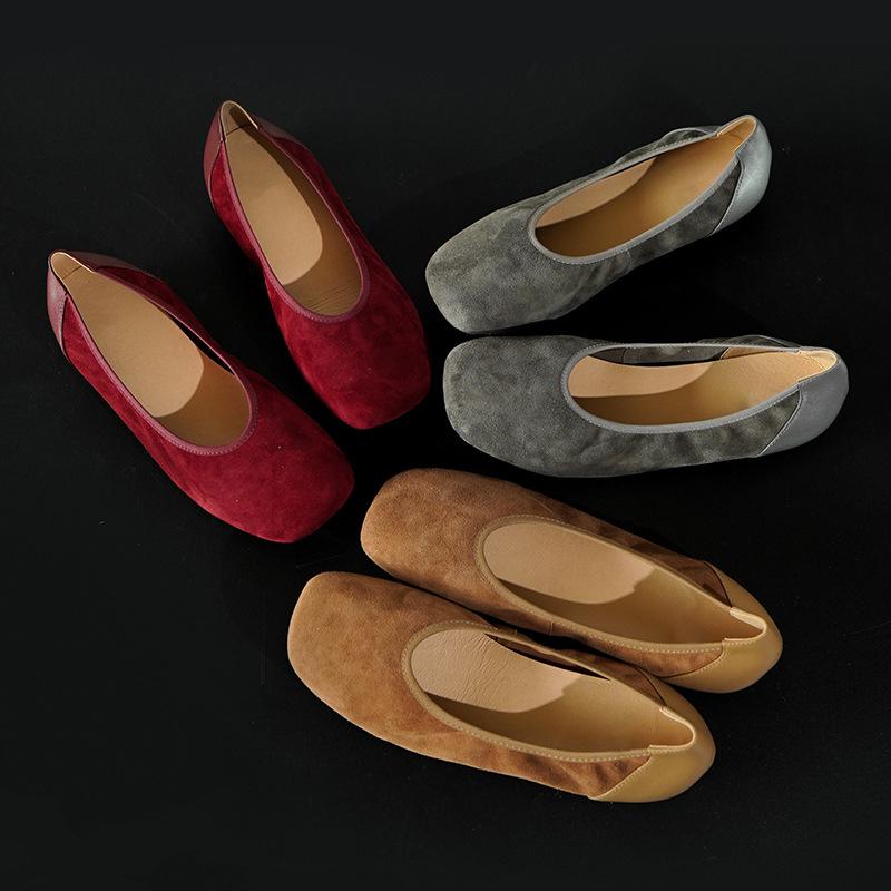 ・靴先形状: スクエアトゥ・靴面素材: 羊革・皮質特徴: スエード・適用性別: 女性・ヒール高: フラット・パターン: ソリッド・適合季節: 春夏秋・カラー: レッド,グレー,杏色,ブラック,グリーン,ワインレッド,グレー,黄緑・サイズ: ...