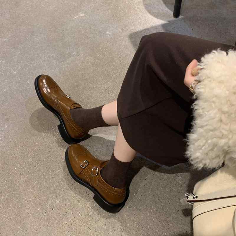 レディース 厚底ローファー 本革 羊革 高級感 彫花 ブロックヒール JKスタイル オックスフォードシュー..