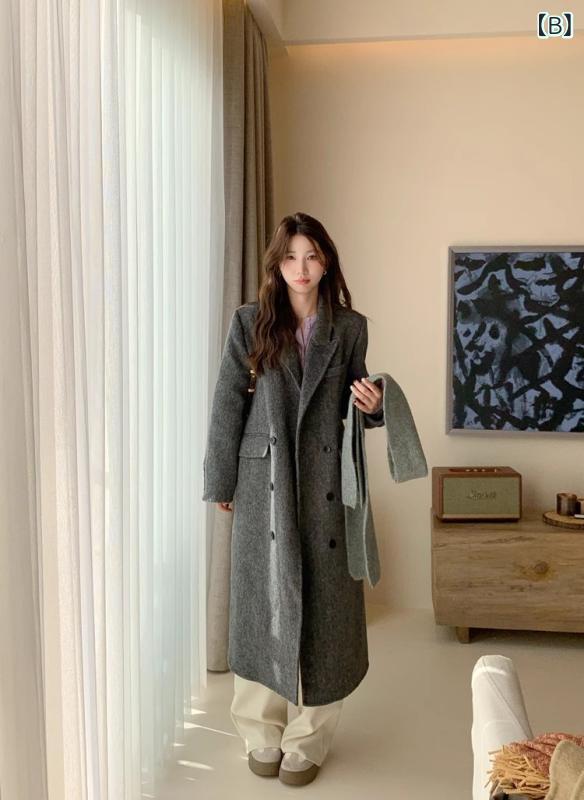 ロングコート レディース ヘリンボーン柄 ノッチラペル ダブルフェイス 羊毛 ダブルブレスト ウールツイード アウター 長袖 通勤 秋冬 暖か スタイリッシュ ロング丈 膝下丈 コート丈 ウール混 ツイード生地 ダブルフェイス加工 スーツ風 ビジネスカジ