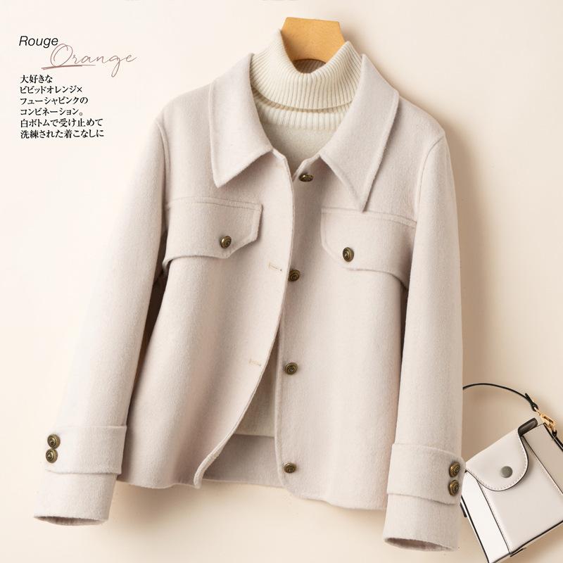 コート レディース 羊毛 ダブルフェイス 小柄対応 ドールカラー テーラード アウター 秋冬 暖か スタイリッシュ ロング丈 ウール混 防風 軽量(4.0)