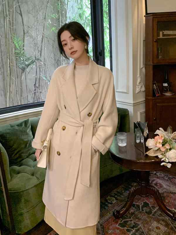 秋冬 レディース コート コクーン型 ゆったり ウエストベルト ロング丈 ダブルフェイス ウール 西服カラー アウター