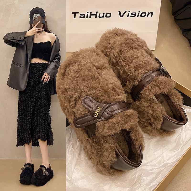 秋冬 レディース ムートン 厚底 ブーツ ファーシューズ 暖か 綿素材 屋外着用 汎用 スリッポン 羊毛 接触冷感 吸湿速乾 軽量