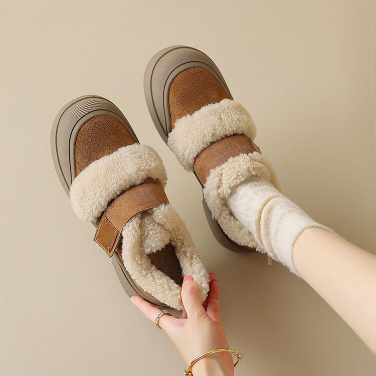 秋冬スノーブーツ 羊毛ファー 厚底 スクエアヒール ラウンドトゥ マジックテープ ハイカット スエード ..